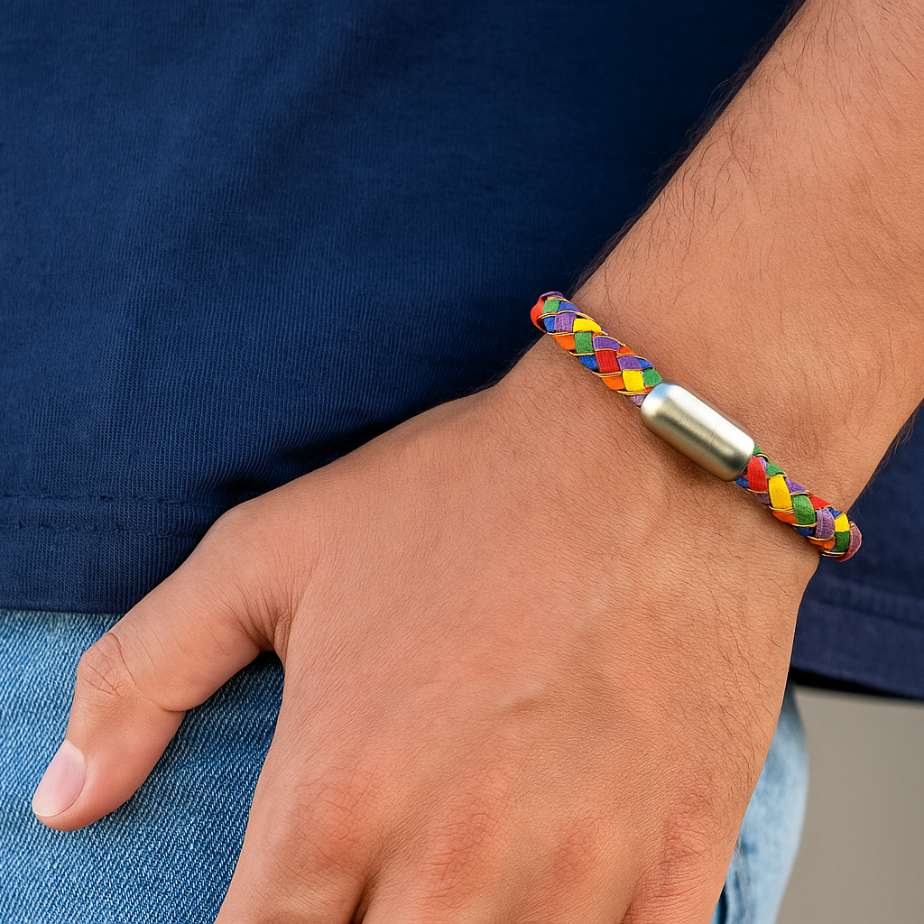 Leren armband rond Regenboog / Zilver – Pride Bold