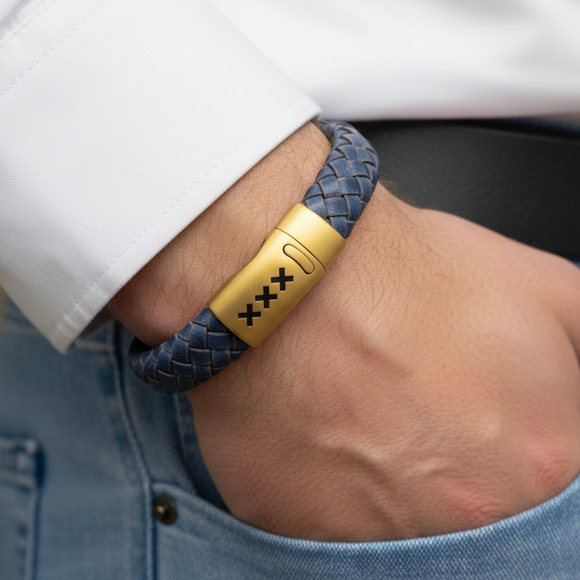 Leren armband Blauw- Goud | Zuid