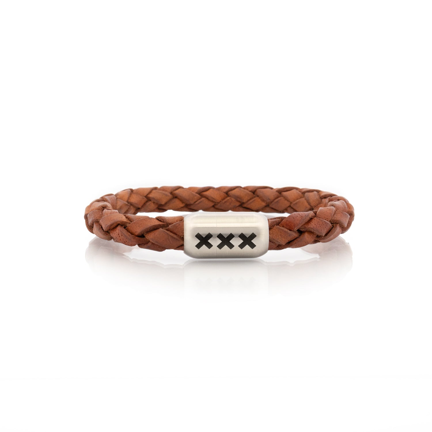 Leren armband rond Lichtbruin - Zilver | De Amstel