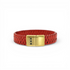 Detail van rode leren herenarmband met gouden sluiting en drie Amsterdam kruisen